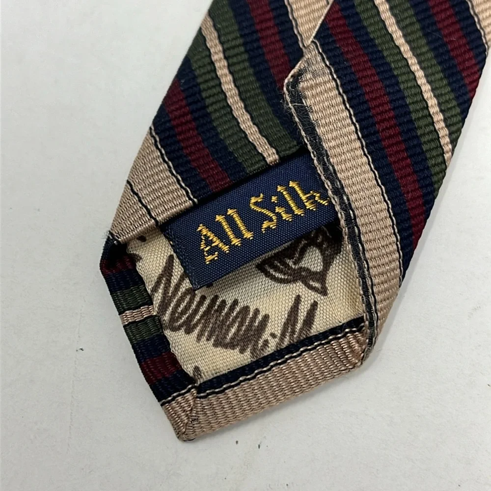 VINTAGE NEIMAN MARCUS 100% SILK TIE STRIPE BURGUNDY BLUE GREEN TAN